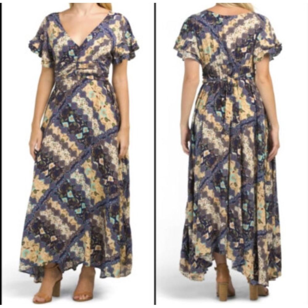 Abel the Label Women's Sz M‎ Ghandi Navy Floral Flutter Sleeve Maxi Dress Boho